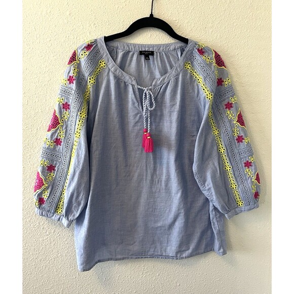 Talbots Tops - Talbots Top Blouse Womens Petite Med Embroidered Sleeves Blue Peasant Boho